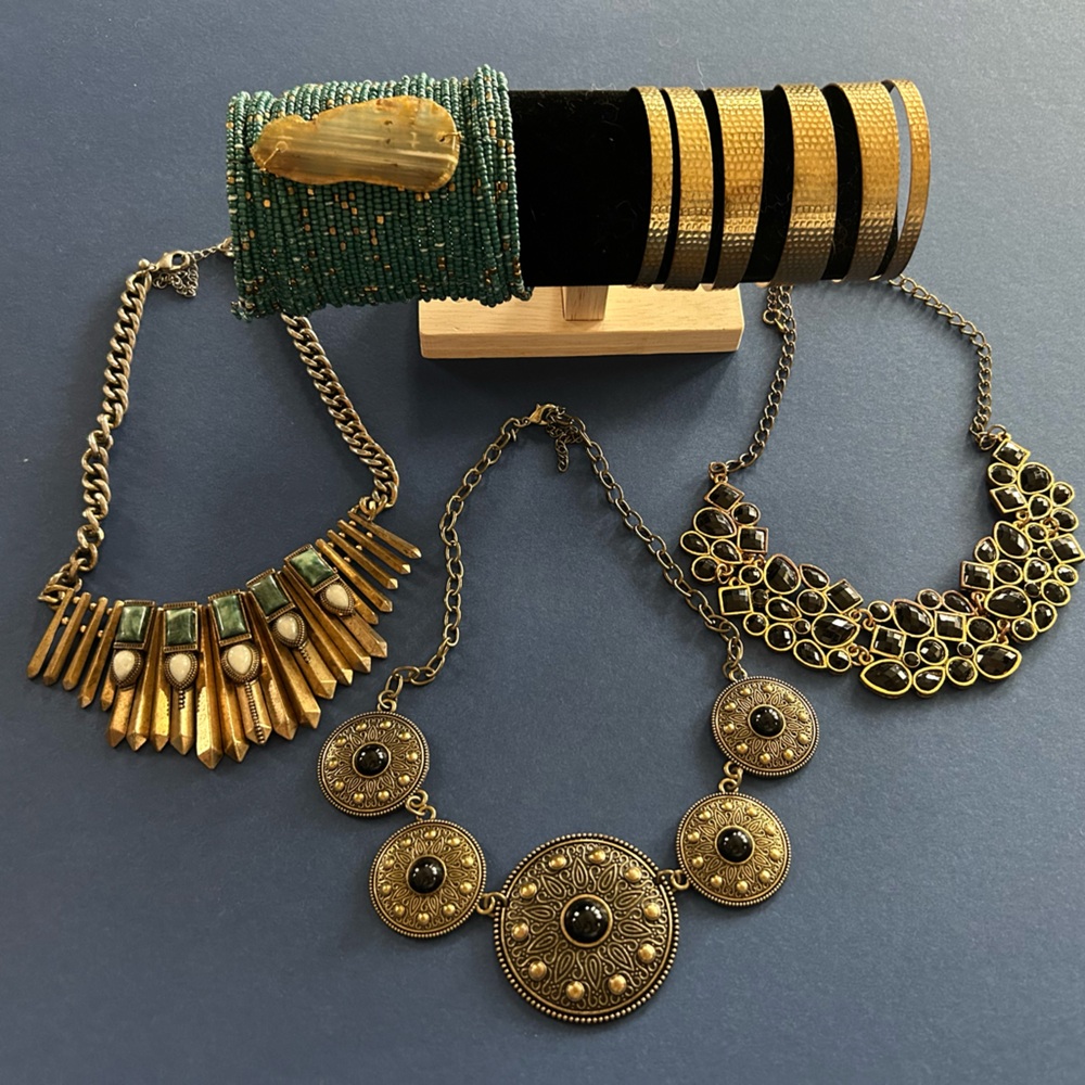 Gold and Green Statement Necklace and Cuff Set - Women Jewelry